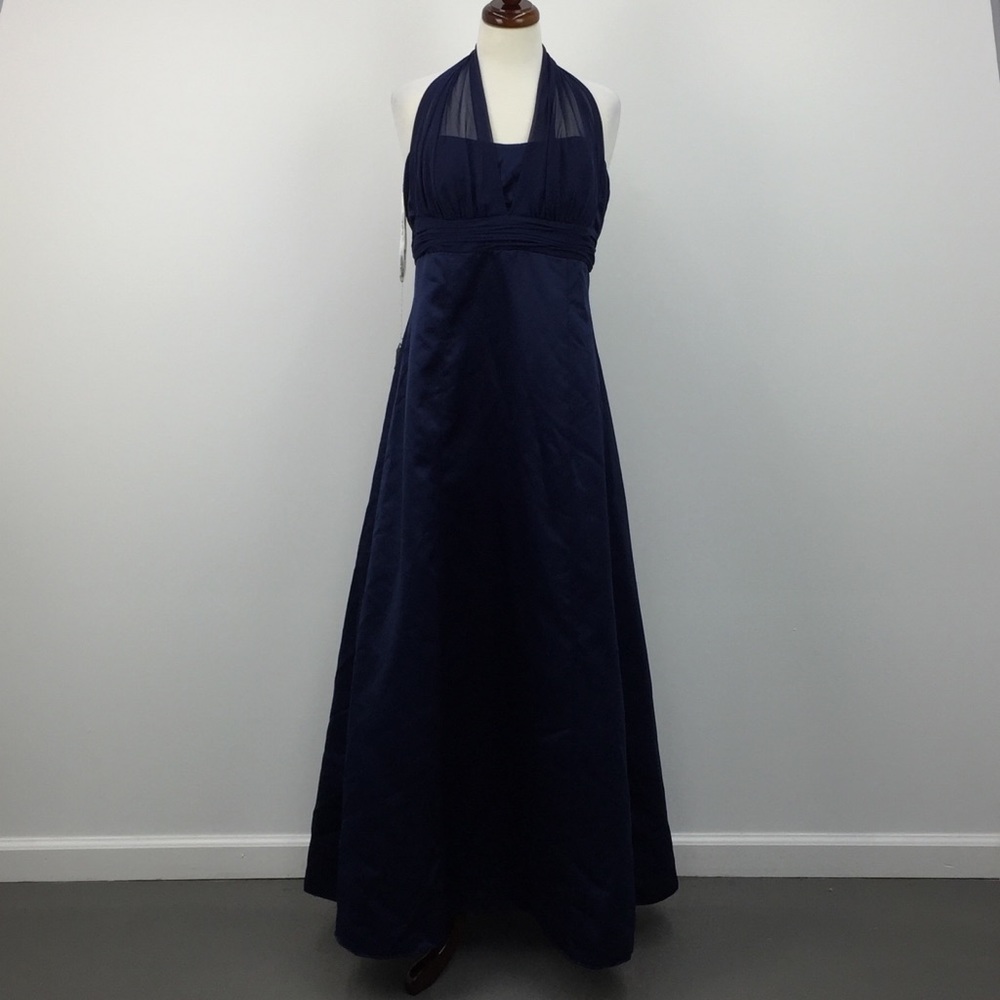NWT David's' Bridal Navy Blue Halter Satin Dress